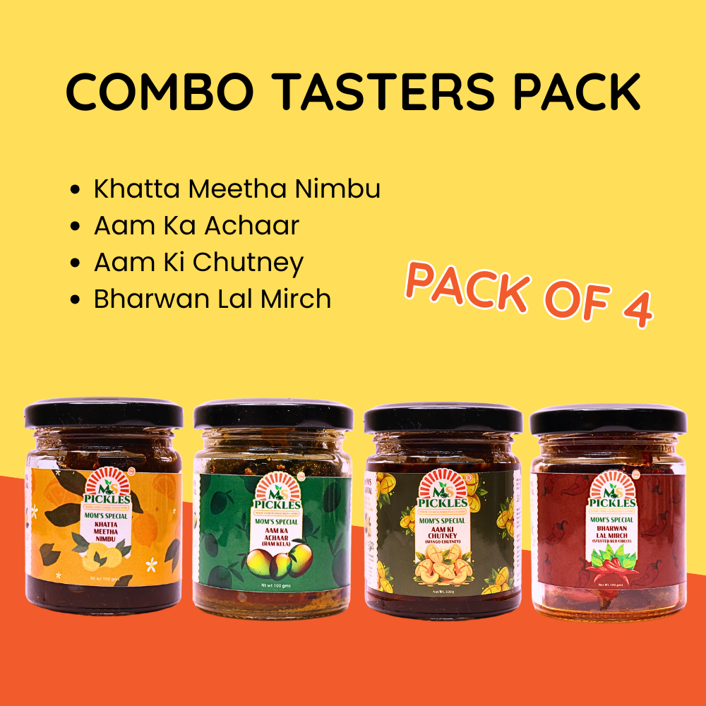 4-in-1 Combo Taster Pack (100g Each) - Mango, Lemon, Mango Chutney, Bharwan Red Chilli