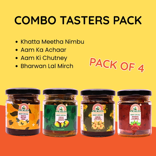 4-in-1 Combo Taster Pack (100g Each) - Mango, Lemon, Mango Chutney, Bharwan Red Chilli
